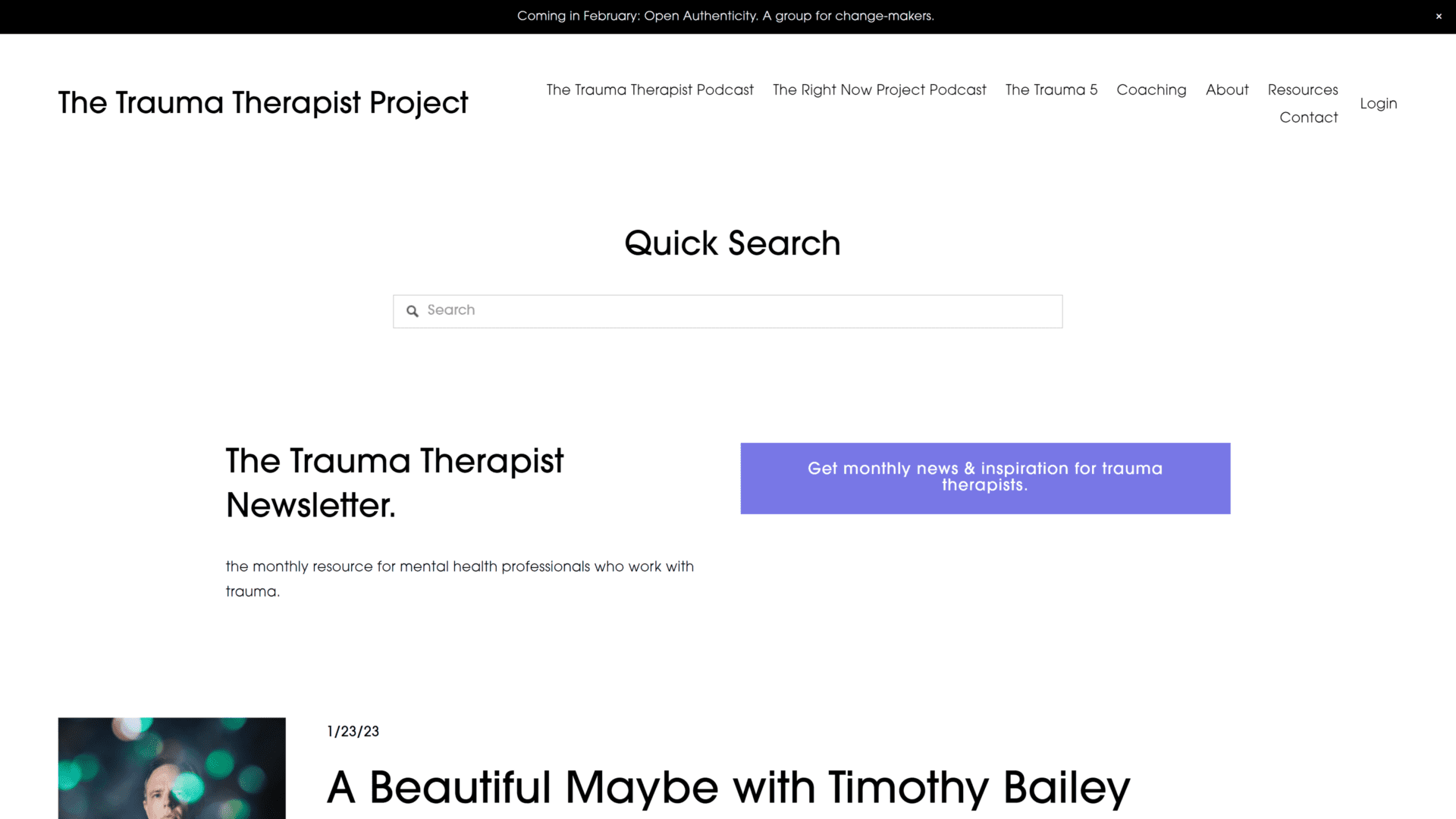 A screenshot of the trauma therapist project homepage
