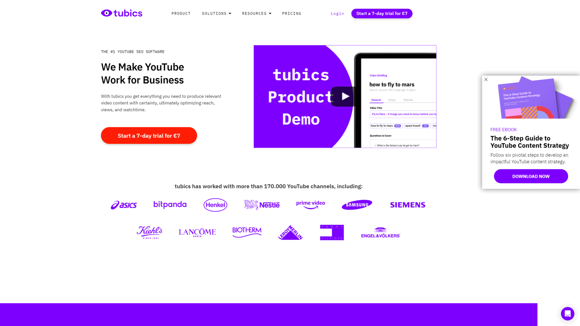 A screenshot of the tubics homepage