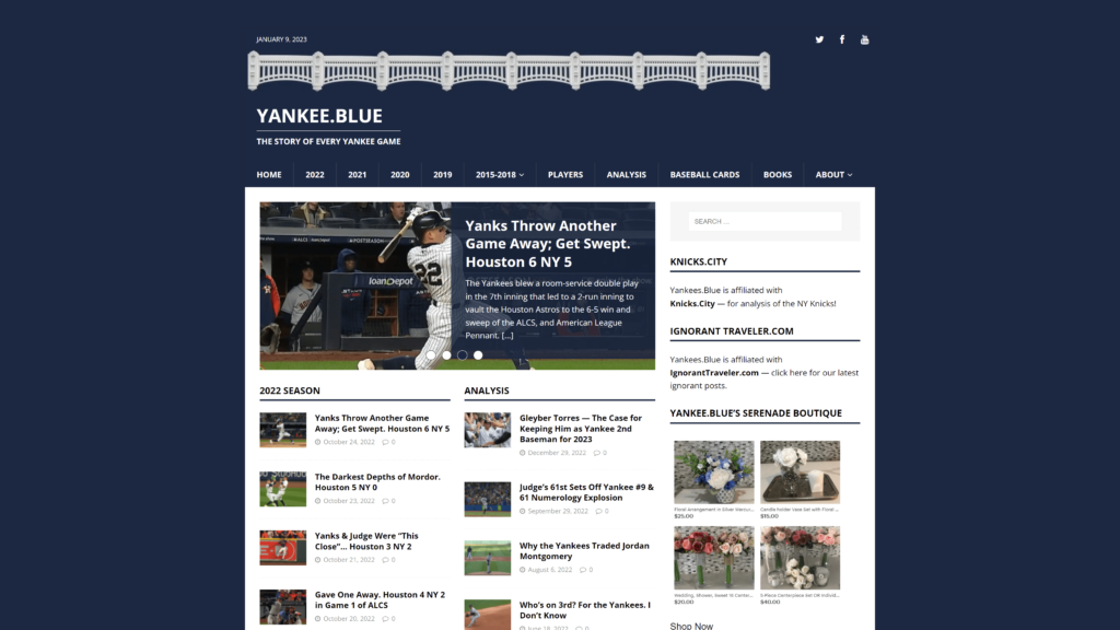 screenshot of the Yankee blue homepage