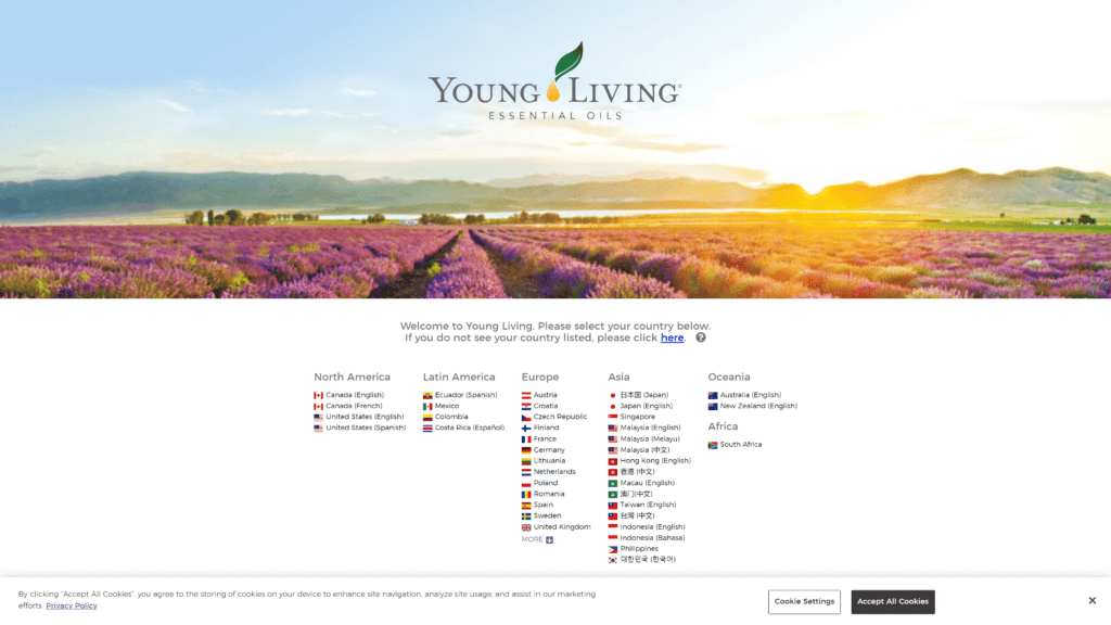 A screenshot of the young living homepage