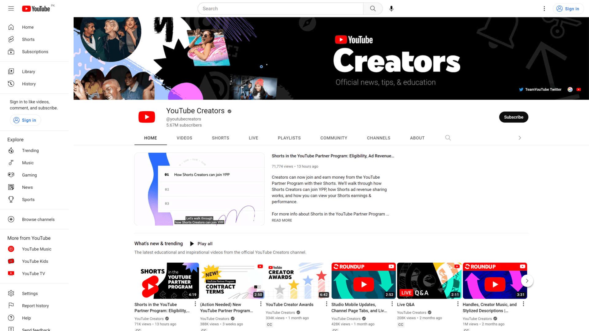 A screenshot of the youtube creator academy homepage
