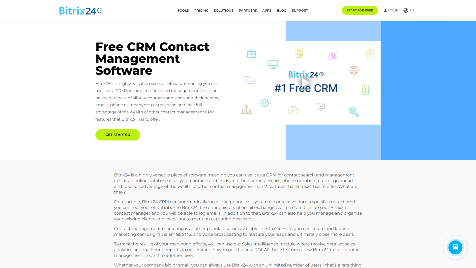 screenshot of the bitrix24 crm contact management software homepage