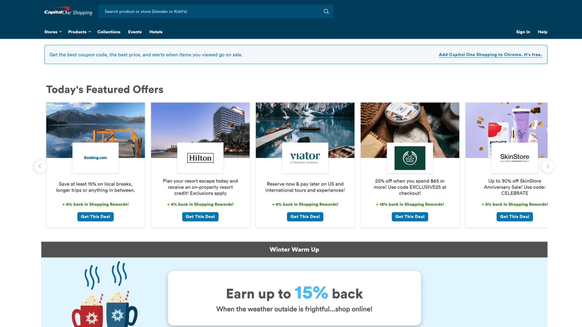screenshot of the capital one shopping homepage