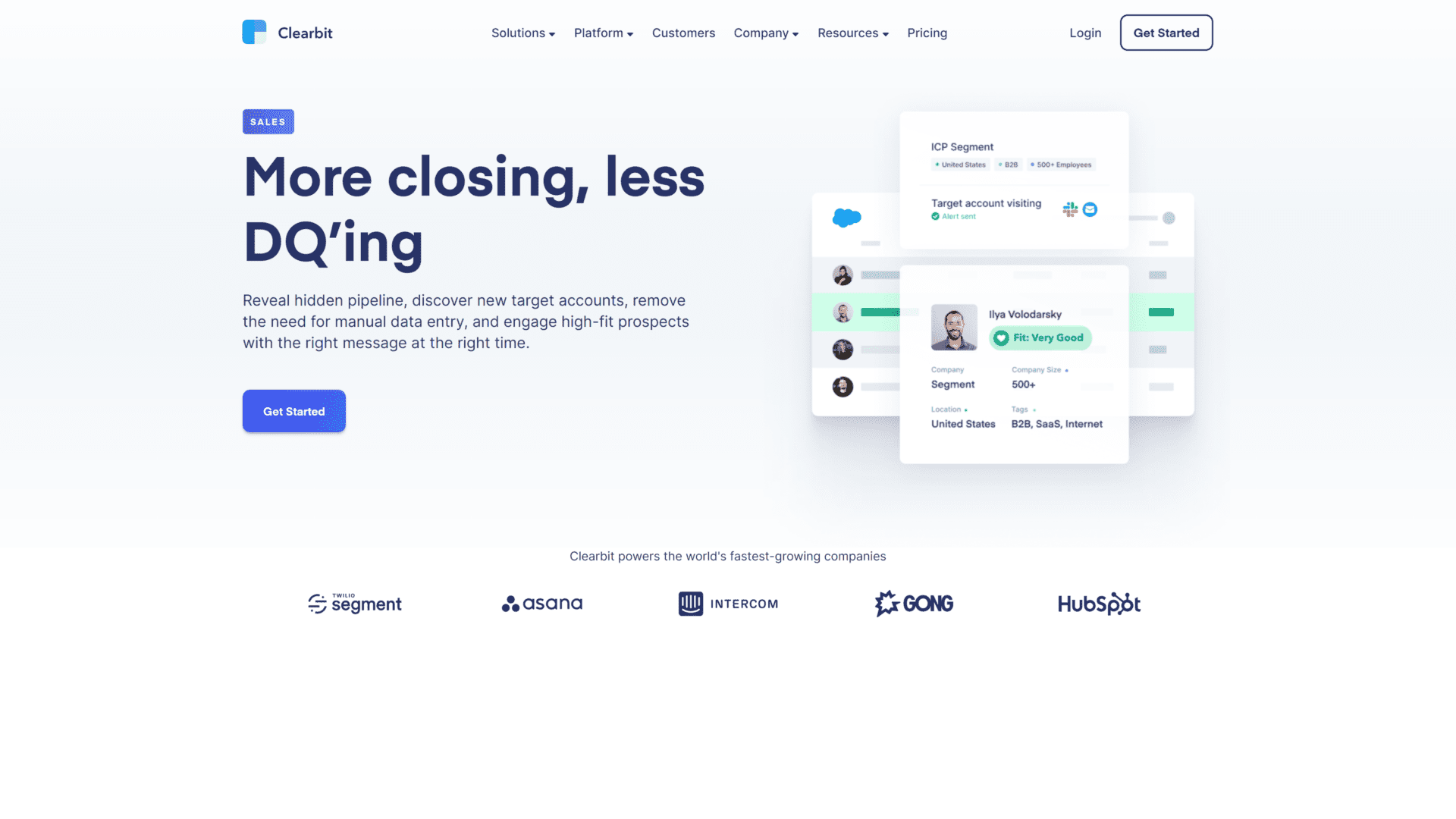 screenshot of the clearbit homepage