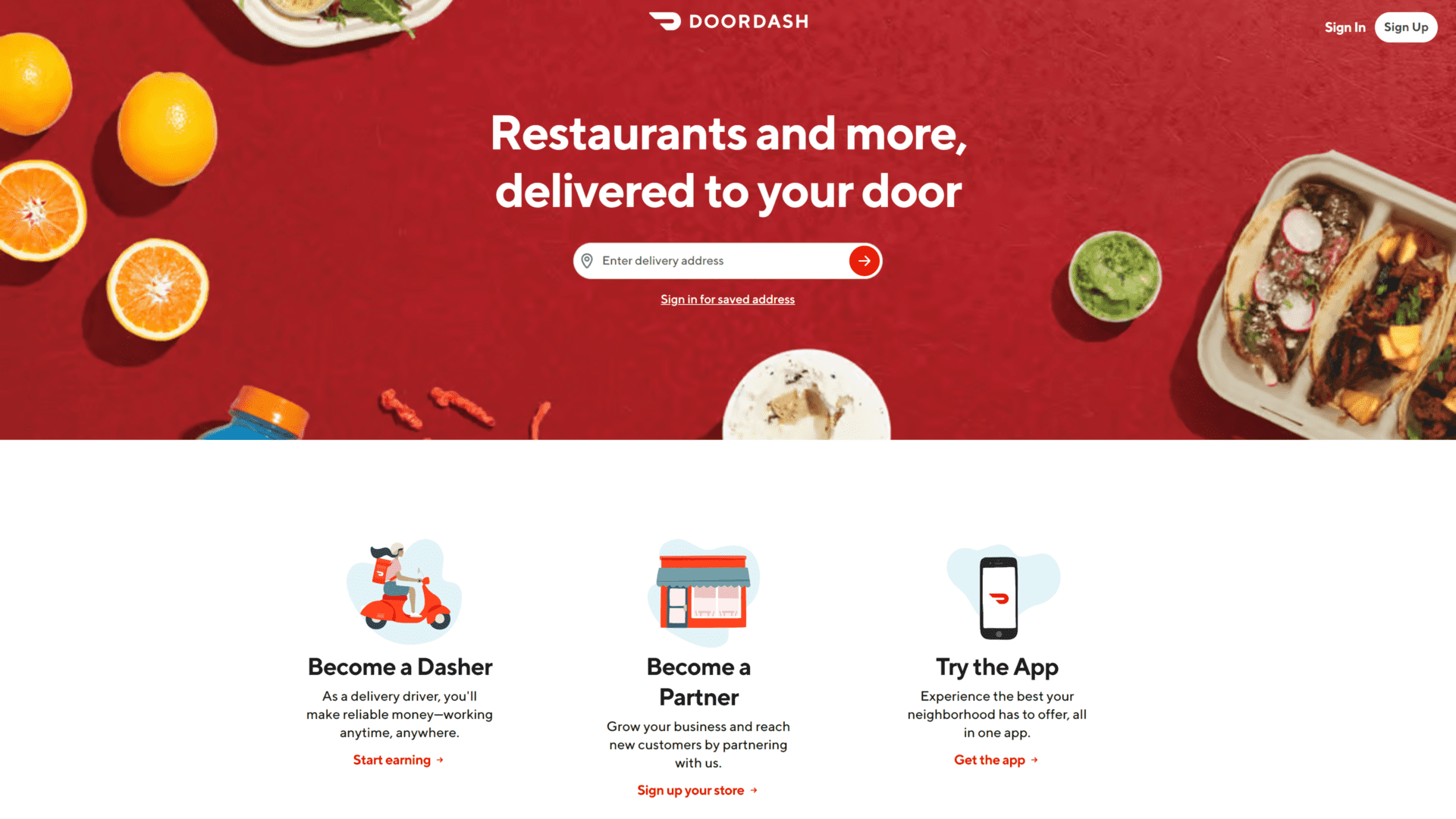screenshot of the doordash homepage
