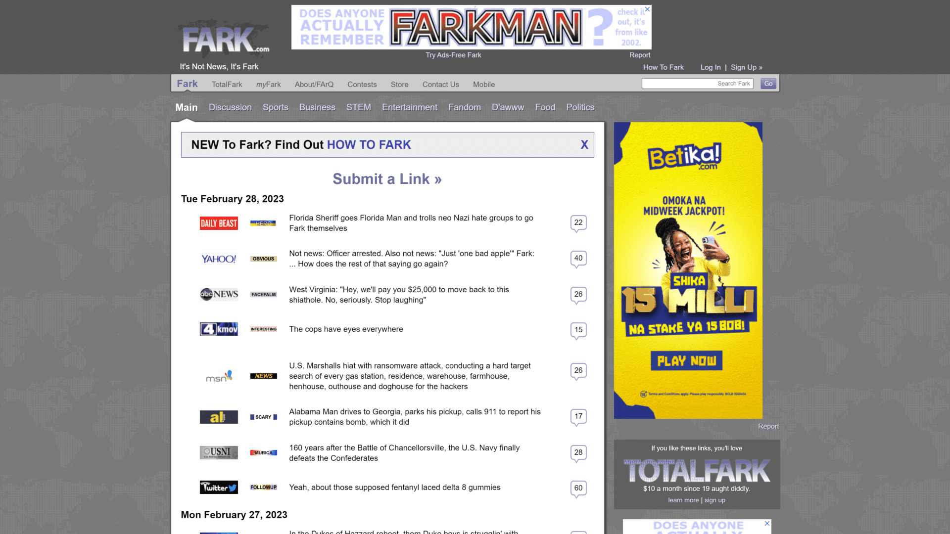 screenshot of the fark homepage