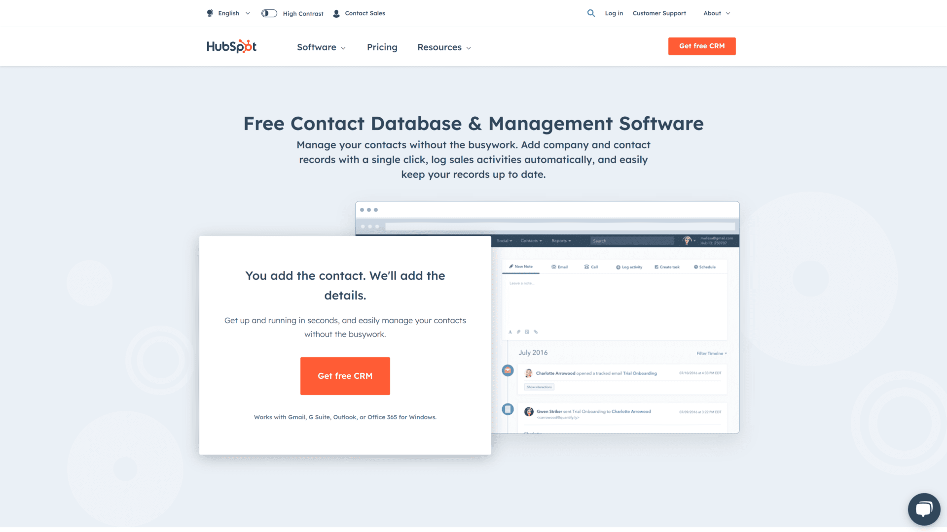 screenshot of the hubspot contact database and management software homepage