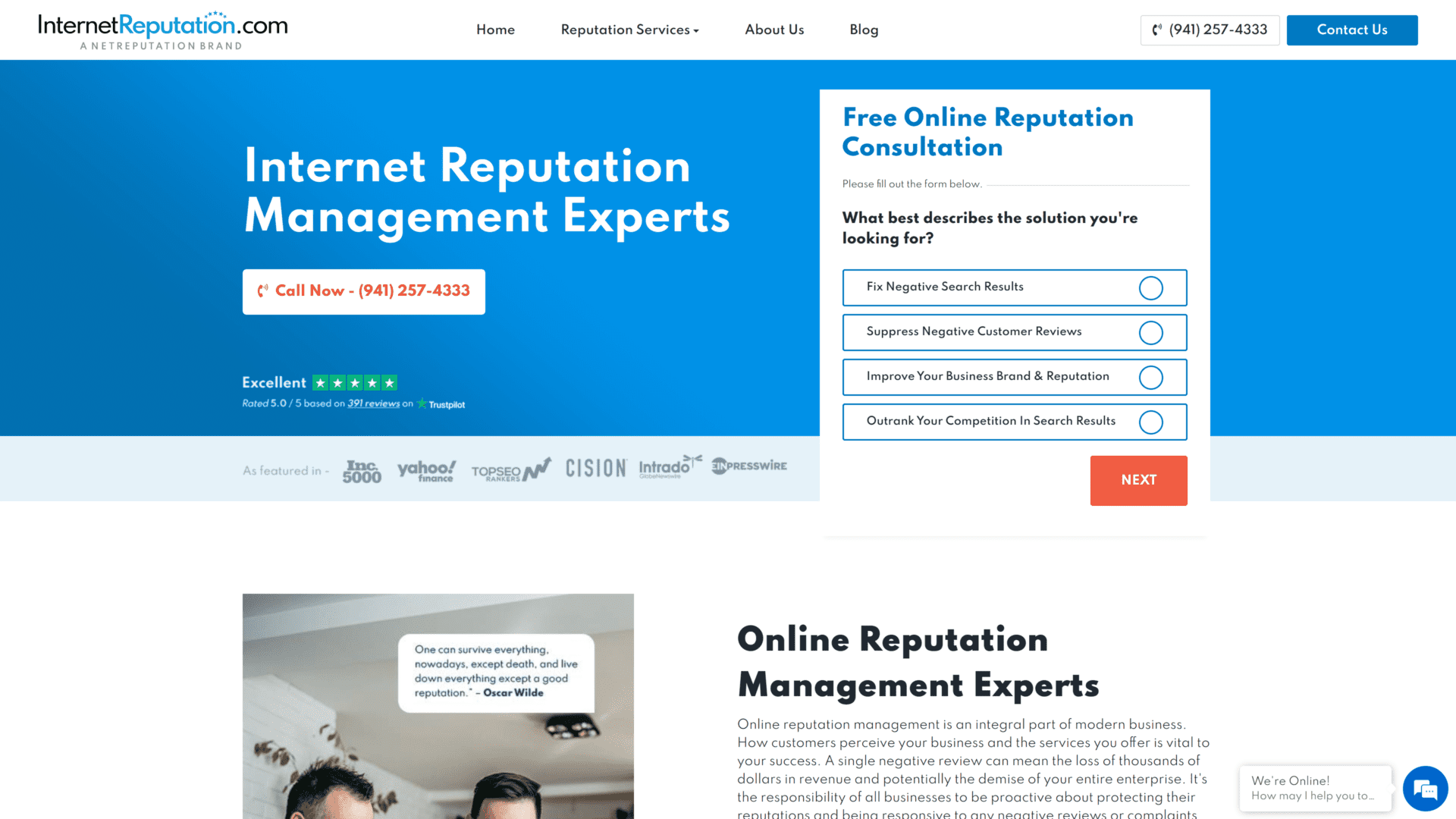 screenshot of the internet reputation.com homepage