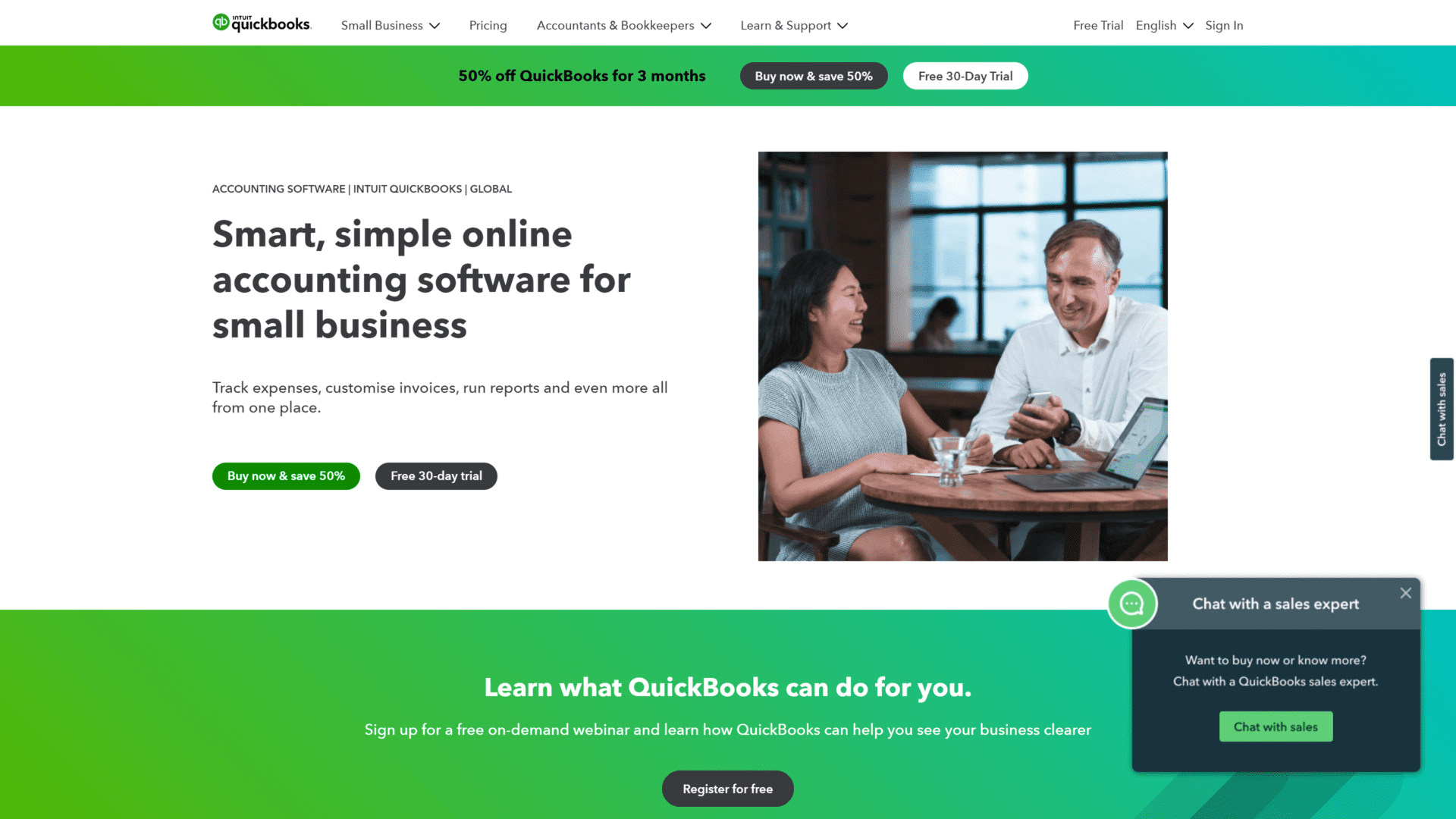 screenshot of the intuit quickbooks online homepage