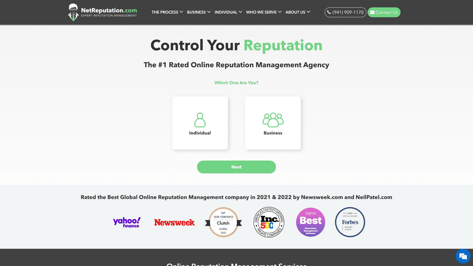 screenshot of the netreputation homepage