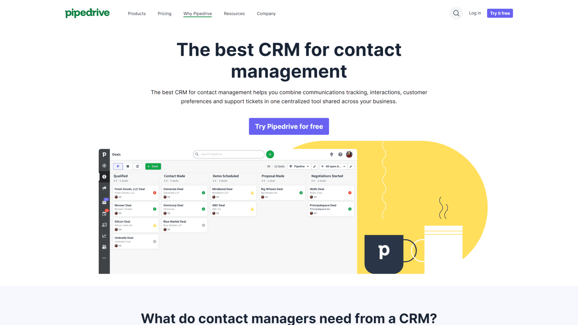 screenshot of the pipedrive contact manger homepage