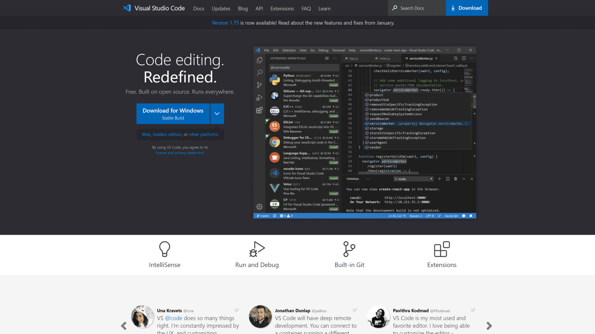 screenshot of the visual studio code homepage