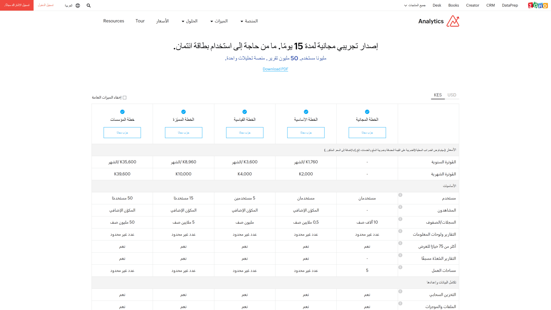screenshot of the zoho analytics homepage