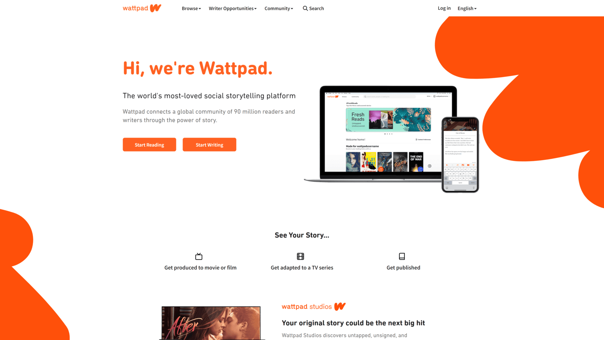 A screenshot of the wattpad homepage