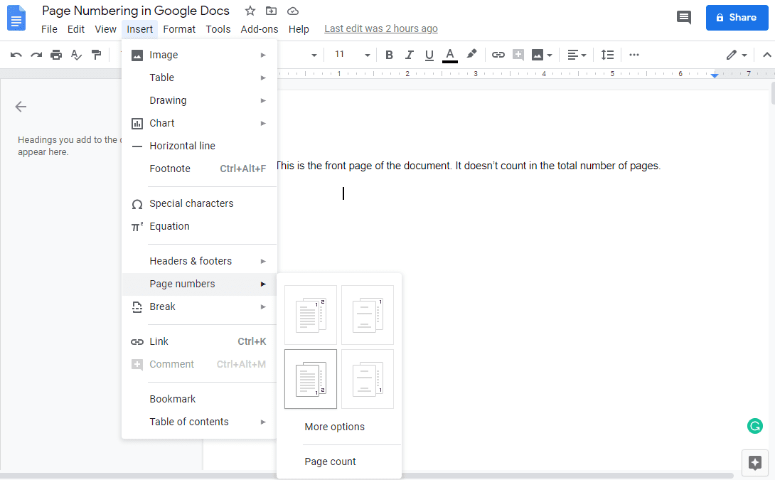 01 Google Docs insert page numbers