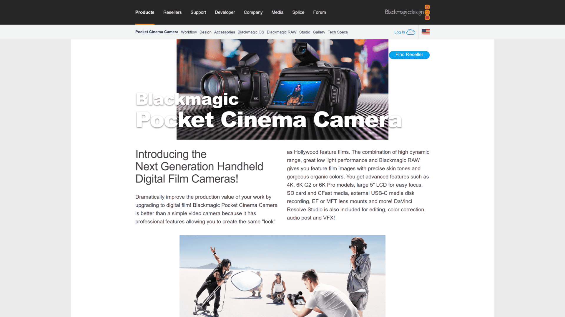 screenshot of the blackmagic pocket cinema camera homepage