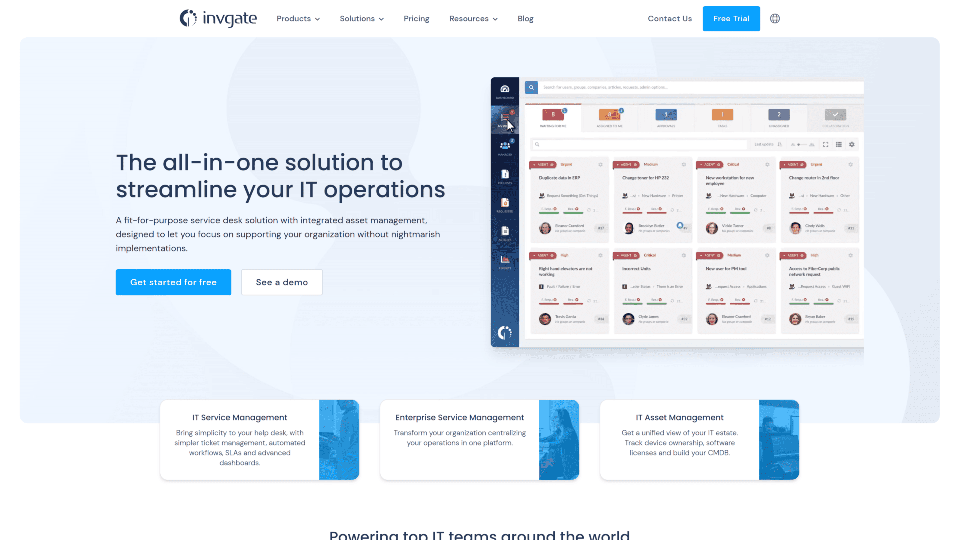screenshot of the InvGate Assets homepage