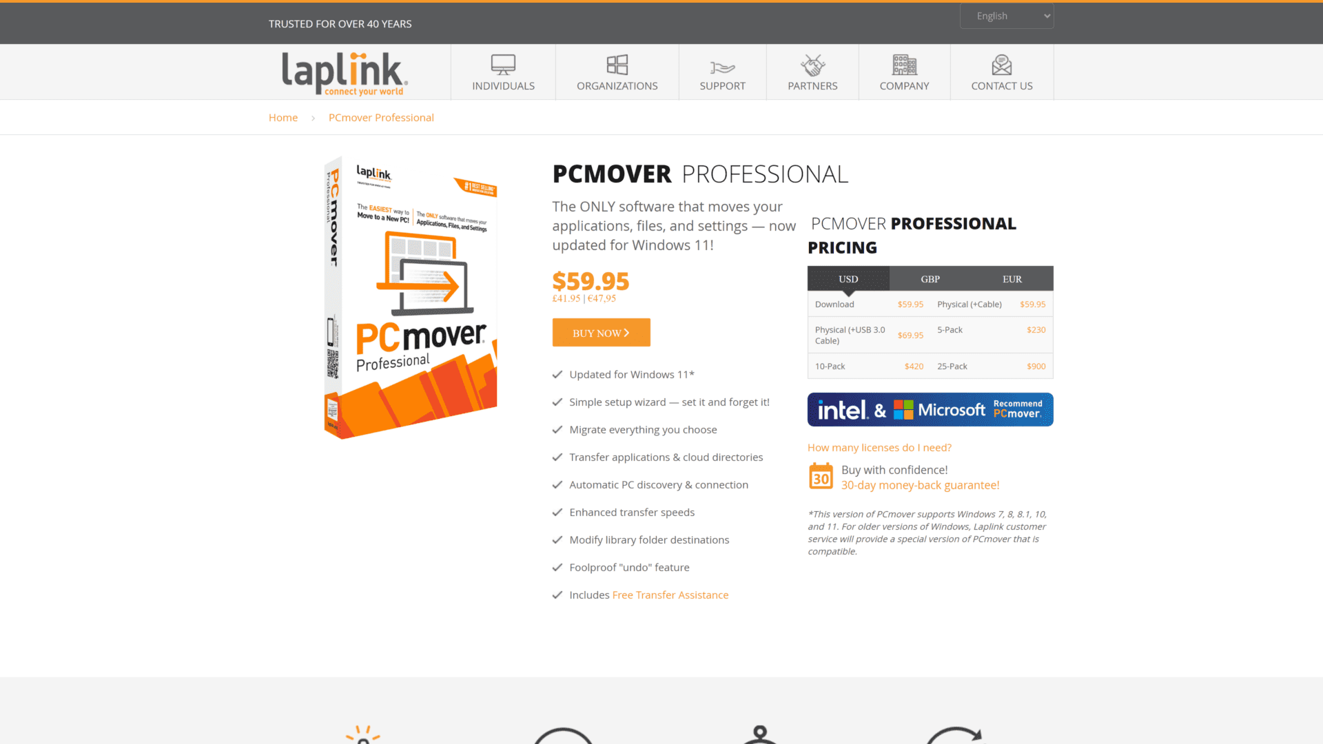 screenshot of the laplink pcmover homepage