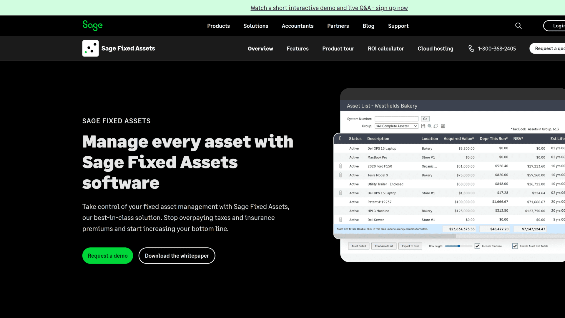 screenshot of the sage fixed assets homepage